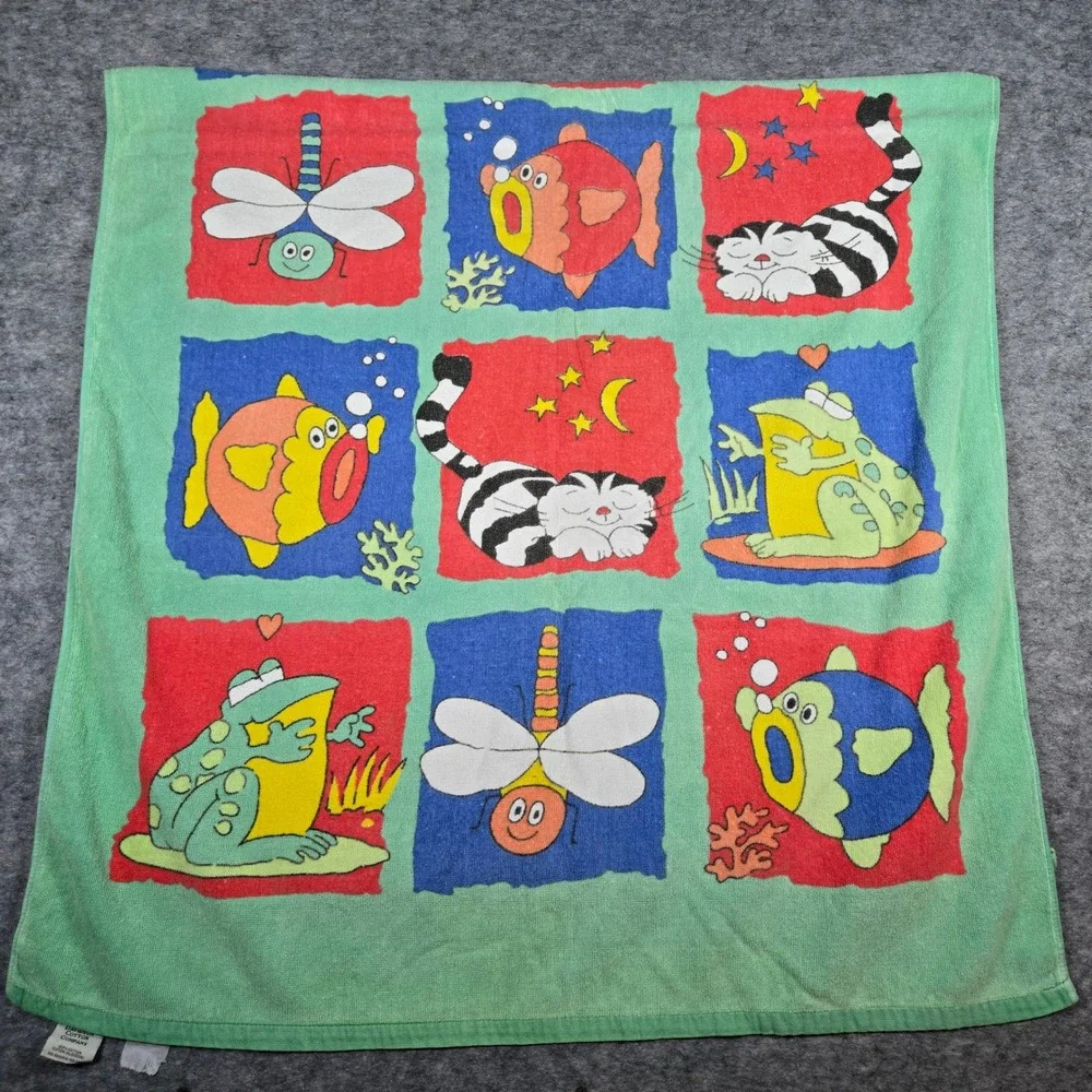 VTG 90s Davidson Cotton Company Unisex Green Animal Grid Whimsical Baby Towel OS